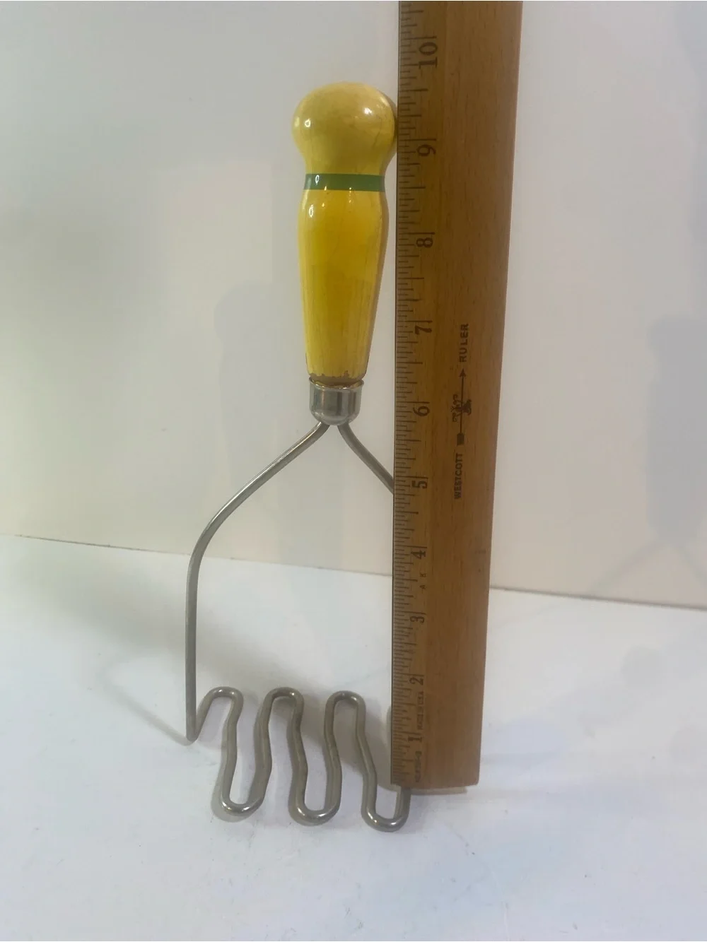 Vintage Wooden Bright Yellow Handle Green Stripe Potato Masher
